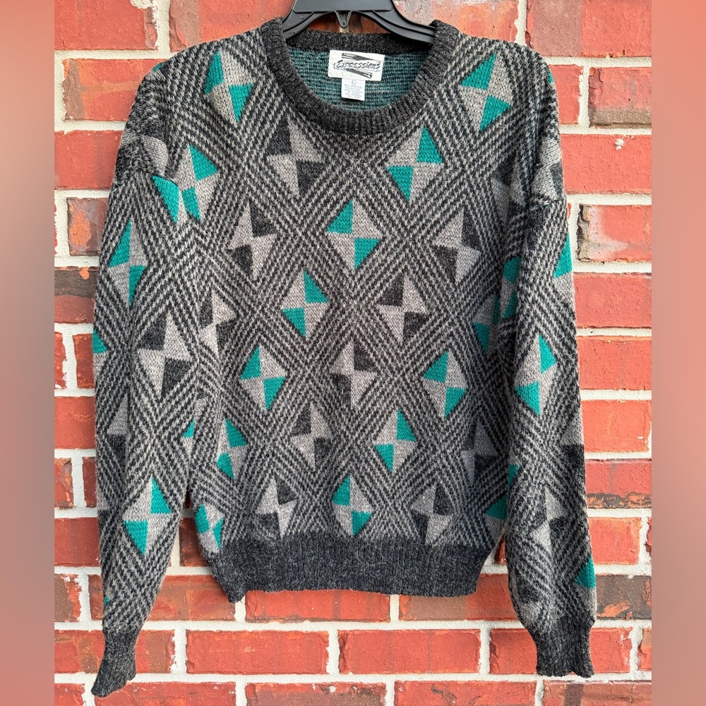 Vintage Expressions Geometric Pattern Teal Gray Acrylic Nylon Grandpa Sweater T8